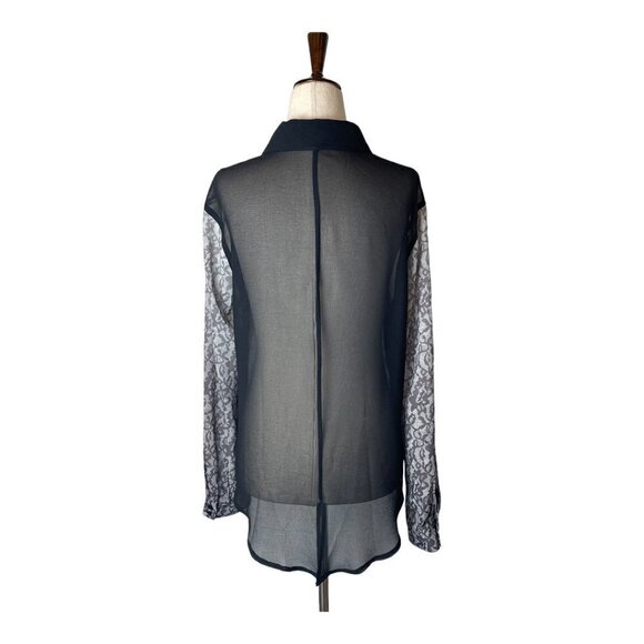 Sanctuary Black And White Lace Print Sheer Back Button Up Chiffon Blouse XS - Picture 3 of 7